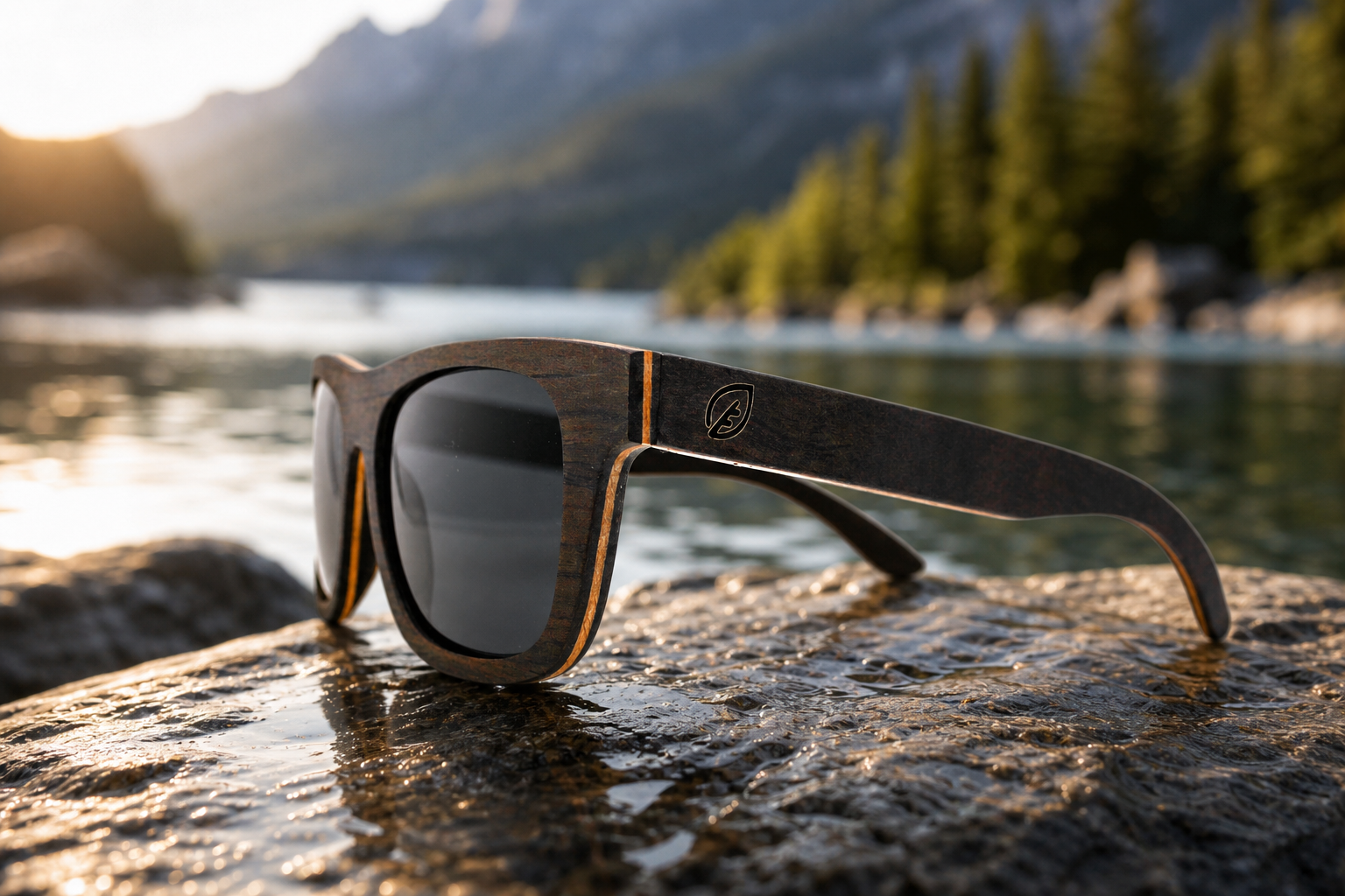 Black oak wooden sunglasses in an outdoor adventure setting near water