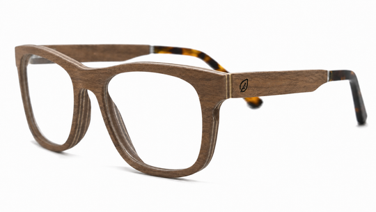 Angled view of Gretna wood eyeglasses showing oval butterfly frame shape