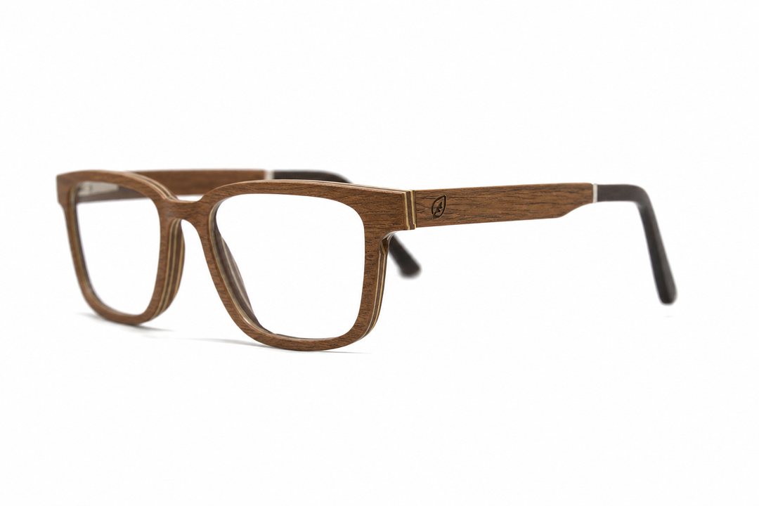 Angled view of McKenzie Brown Oak Rx-ready eyeglass frames