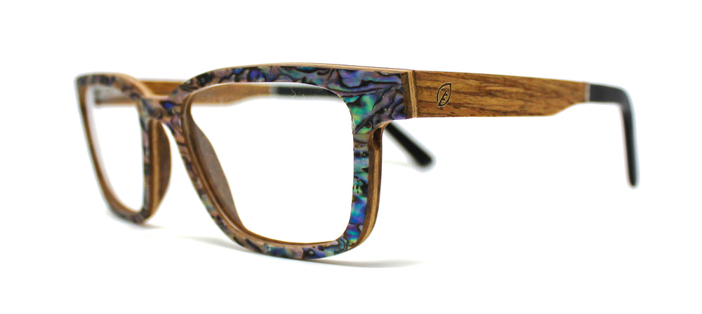 Angled view of McKenzie abalone Rx-ready eyeglass frames
